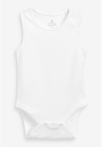 Vit ärmlös bodysuit gjord av mjuk bomull, med rund halsringning och tryckknappar nederst för enkel påklädning.
