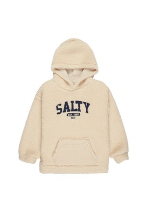 Hoodie en polaire couleur crème avec une poche kangourou, une capuche et un logo brodé "SALTY EST. 1980" en bleu marine. Texture douce.