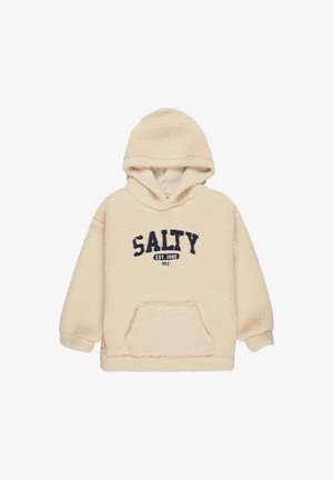 Cremefarbener Fleece-Hoodie mit Kängurutasche, Kapuze und aufgesticktem "SALTY EST. 1980" Logo in Marineblau. Weiche Textur.