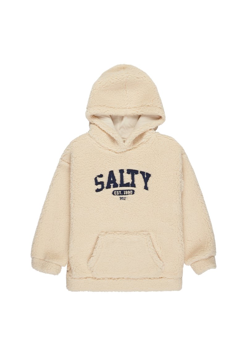 Felpa con cappuccio di colore crema in pile, con tasca a marsupio, cappuccio e logo ricamato "SALTY EST. 1980" in blu navy. Texture morbida.