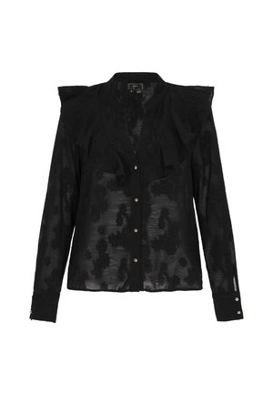 Blouse noire transparente avec texture florale, boutonnée à l'avant, et détails volantés aux épaules. Manches longues avec poignets boutonnés et tissu doux et léger.