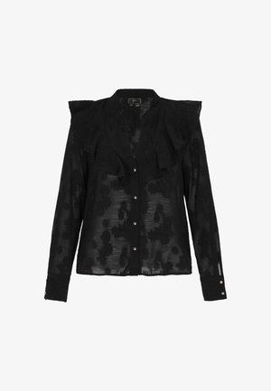 Blouse noire transparente avec texture florale, boutonnée à l'avant, et détails volantés aux épaules. Manches longues avec poignets boutonnés et tissu doux et léger.