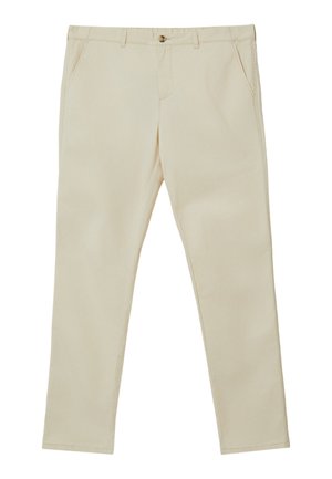 Beige gerade geschnittene Hosen mit vorderer Knopfleiste, Seitentaschen und einem flachen Bund.