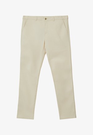 Beige gerade geschnittene Hosen mit vorderer Knopfleiste, Seitentaschen und einem flachen Bund.