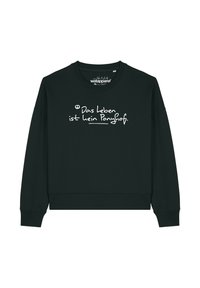 Donkergroen sweatshirt met een ronde hals en lange mouwen. De voorkant toont witte handschrift dat zegt "Das Leben ist kein Ponyhof."
