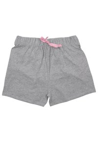Shorts grigi con cintura elastica e un laccio rosa, realizzati in un tessuto morbido, mostrati piatti su uno sfondo bianco.