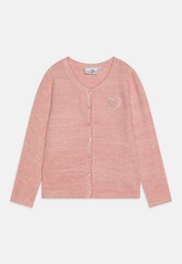 Cardigan lavorato a maglia di colore rosa chiaro, con maniche lunghe, scollatura tonda e chiusura con bottoni. Presenta un design ricamato a forma di cuore sul petto.