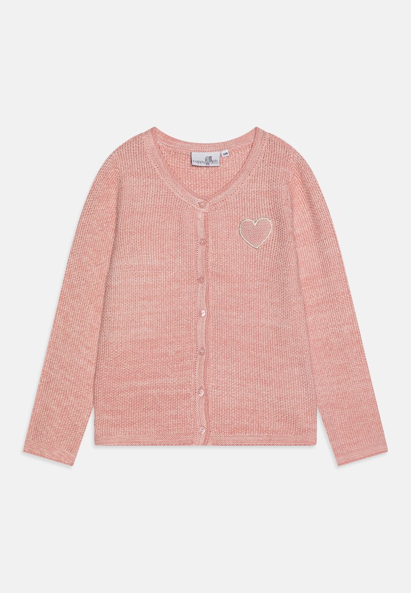 Cardigã tricotado rosa claro com mangas longas, decote redondo e fecho de botão. Apresenta um design de coração bordado no peito.