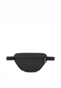 Riñonera de tela negra con bolsillo frontal con cremallera y correa ajustable sobre fondo blanco.