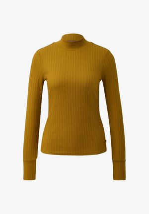 Pull à col roulé côtelé en jaune moutarde. Manches longues, coupe ajustée et texture douce. Doté d'un col haut et d'un logo subtil sur l'ourlet.