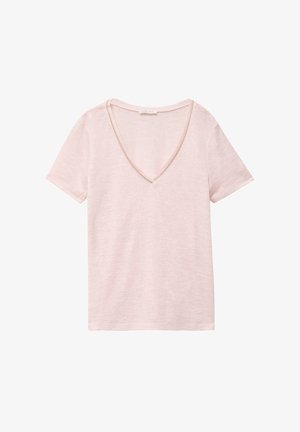 Camiseta de manga corta de color rosa claro con cuello en V, textura jaspeada sutil y borde beige en el escote, mostrada sobre un fondo blanco.