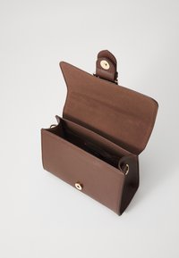 Brown leather handbag with a smooth texture, gold hardware, a snap button closure, and two interior compartments.
