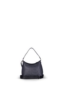 Borsa a spalla in tessuto blu scuro, con motivo logo in rilievo, tracolla regolabile con fibbia e chiusura a zip liscia.
