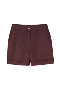 Burgundy linen shorts with two front pockets, a single button closure, and cuffed hem. Smooth texture and tailored design.