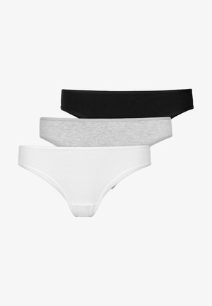 Trois paires de culottes string : noires, grises et blanches. Fabriquées en coton doux, avec des bords sans couture et un design classique.