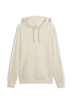 Felpa con cappuccio beige con strisce bianche sulle maniche, tasca a marsupio frontale, coulisse e piccolo logo Puma sul petto sinistro.
