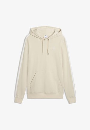 Felpa con cappuccio beige con strisce bianche sulle maniche, tasca a marsupio frontale, coulisse e piccolo logo Puma sul petto sinistro.