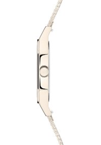 Zilverkleurig polshorloge met een slanke rechthoekige kast, een gladde oppervlakte, een ronde kroon en een schakelschakelarmband.