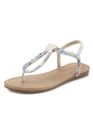 Flat sandals with a braided multicolored strap, tan base, and a toe post design. Smooth material with subtle stitching detail on the sole.