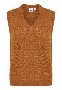 Sweter bez rękawów z dekoltem w serek w ciepłym, złoto-brązowym kolorze. Posiada teksturowany wzór z ukośnymi liniami. Wykonany z miękkiego dzianinowego materiału.