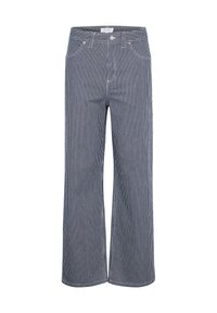 Wijdvallende, marineblauwe en wit gestreepte broek van katoen. Voorzien van een knoopsluiting en een vijf-pocket ontwerp met riemlussen.