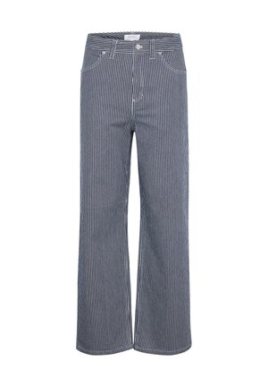 Laiad jalad, tumesinised ja valged triibulised püksid, mis on valmistatud puuvillast. Omavad nööp-kinnitust ja viit taskut koos vöölõikudega.