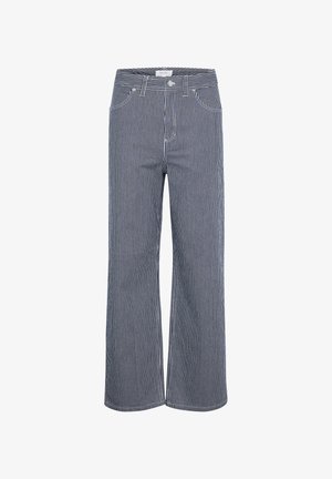 Laiad jalad, tumesinised ja valged triibulised püksid, mis on valmistatud puuvillast. Omavad nööp-kinnitust ja viit taskut koos vöölõikudega.