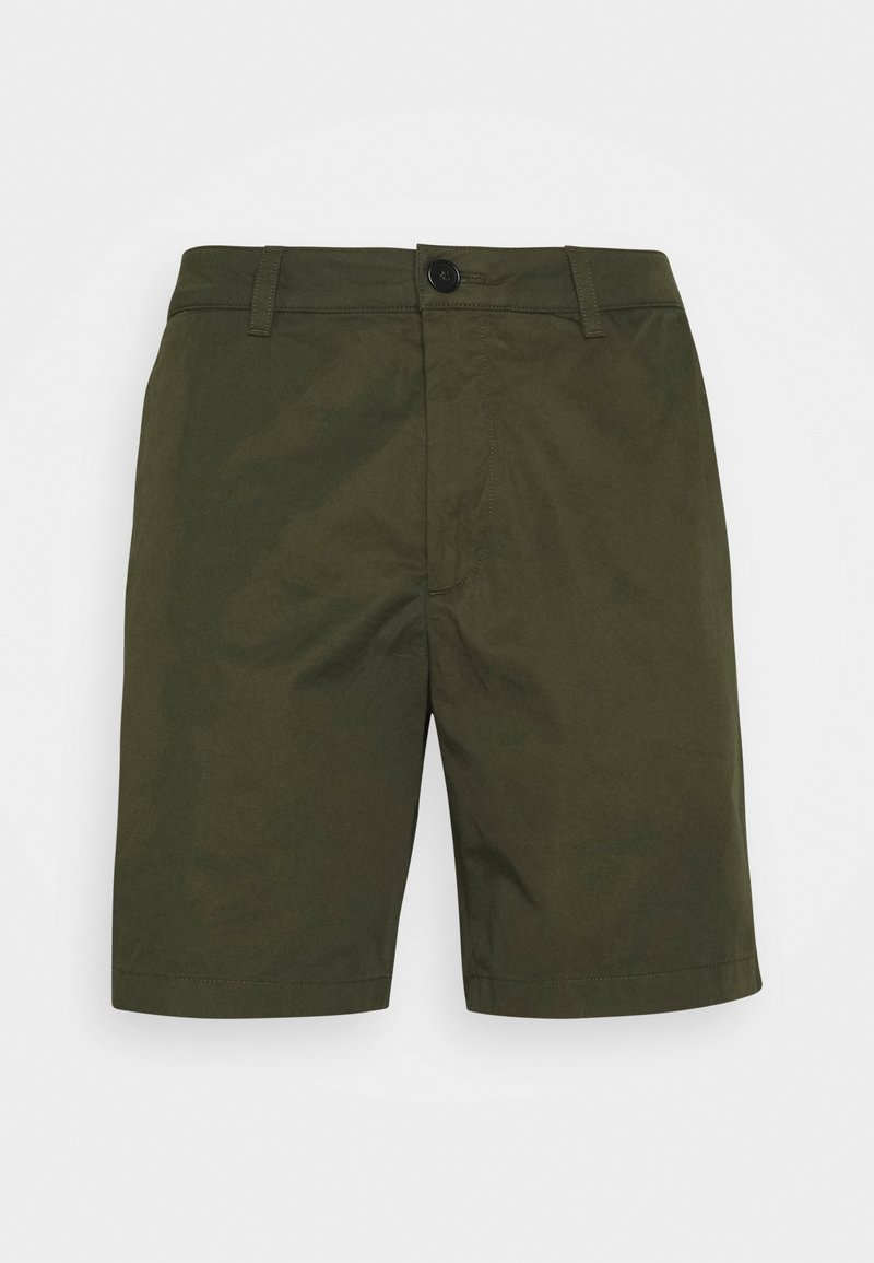 Shorts vert olive en mélange de coton, avec une coupe droite, fermeture par bouton, passants pour ceinture et poches latérales. Texture lisse, design simple.