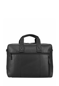 Schwarze Leder-Aktentasche mit zwei stabilen Griffen, vorderer Reißverschlusstasche und glatter Oberfläche. Verfügt über eine rechteckige Form und klare Linien.