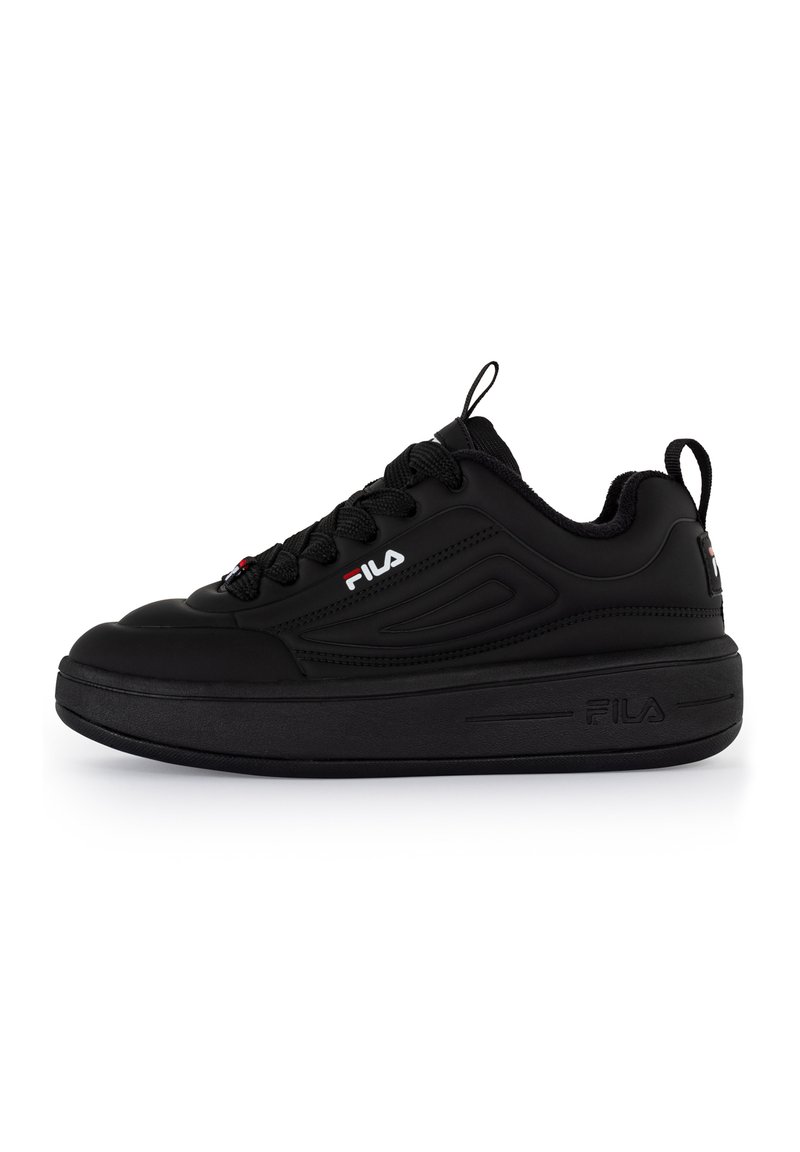 Black sneaker with synthetic upper, textured design, round toe, and thick sole. Features black laces and a subtle logo on the side.