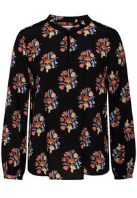 Black long-sleeve blouse featuring a floral pattern in red, yellow, and blue accents with a keyhole neckline and soft, textured fabric.