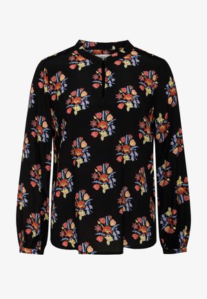 Black long-sleeve blouse featuring a floral pattern in red, yellow, and blue accents with a keyhole neckline and soft, textured fabric.