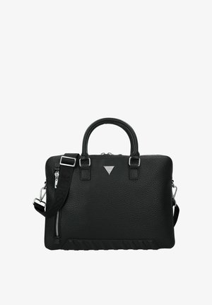 Schwarze Ledertasche mit strukturierter Oberfläche, zwei oberen Griffen, abnehmbarem Schulterriemen und einer vorderen Reißverschlusstasche. Mit silbernen Metallakzenten.