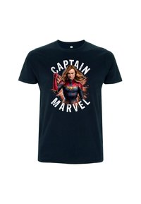 Czarny t-shirt bawełniany z grafiką Kapitana Marvela z czerwonymi i złotymi akcentami oraz wyraźnym napisem "CAPTAIN MARVEL" na białym tle.