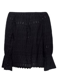 Sort bluse med tekstureret stof og broderede mønstre, elastisk halsudskæring, samt flagrende ærmer med scallopkant.