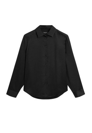 Chemise noire à manches longues avec un col classique, texture lisse et ourlet arrondi. Comprend une fermeture à boutons et des manches à poignets.