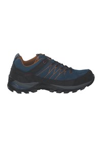 Herren Wanderschuhe mit einem blauen synthetischen Obermaterial, schwarzen Akzenten, orangen Schnürsenkeln, atmungsaktivem Netzgewebe und einer robusten Gummisohle für guten Halt.