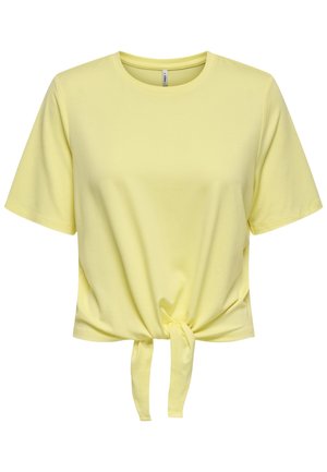 Yellow short-sleeve T-shirt made of soft, lightweight cotton with a knotted detail at the waist. Smooth texture and relaxed fit.