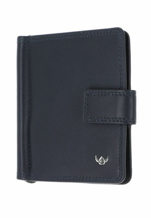 Portefeuille compact en cuir bleu foncé avec fermeture pression et petit logo argenté en bas à droite.