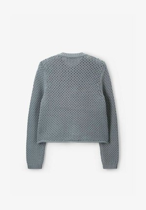 Light gray knitted sweater with a textured honeycomb pattern, crew neck, and long sleeves, featuring ribbed cuffs and hem.