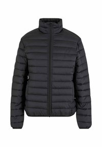 Veste matelassée noire avec un col haut, présentant des coutures horizontales, une fermeture éclair intégrale et des poignets élastiques, fabriquée en tissu léger.