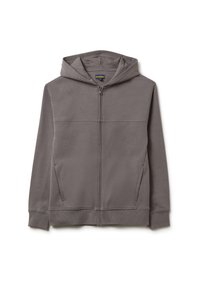 Grijze full-zip hoodie met eenrits aan de voorkant, twee zijzakken, geribbelde boorden en zoom, en een capuchon, plat gelegd op een witte achtergrond.