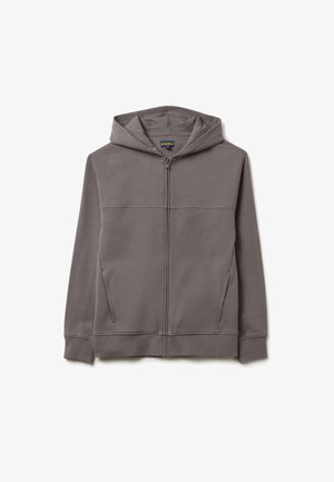 Grauer Full-Zip-Hoodie mit einem Frontreißverschluss, zwei seitlichen Taschen, gerippten Bündchen und Saum sowie einer Kapuze, flach auf einem weißen Hintergrund ausgelegt.