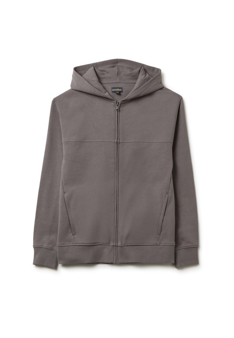 Grijze full-zip hoodie met eenrits aan de voorkant, twee zijzakken, geribbelde boorden en zoom, en een capuchon, plat gelegd op een witte achtergrond.