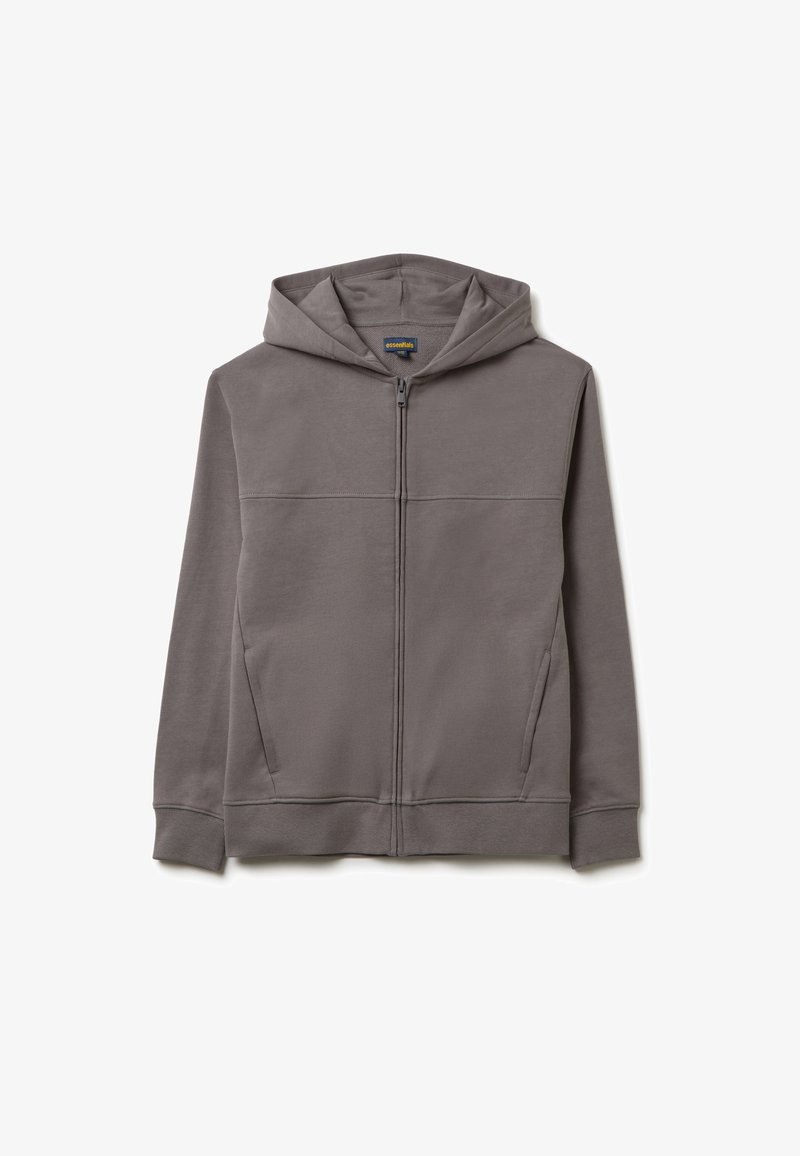 Sudadera gris con cremallera completa, dos bolsillos laterales, puños y dobladillo acanalados, y capucha, dispuesta plana sobre un fondo blanco.