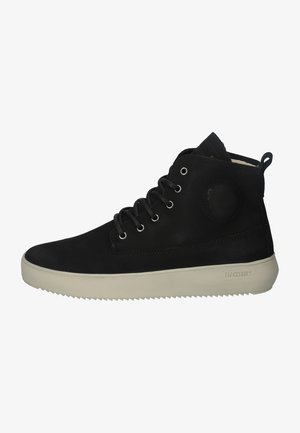 Black suede high-top sneaker with grey outsole, featuring six eyelets, a circular logo patch, and a textured side panel.