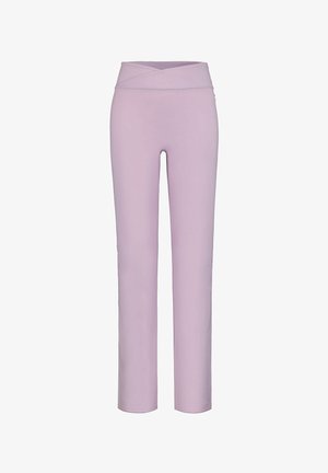 Pantalon de yoga violet clair avec une taille croisée, fabriqué en tissu extensible, présentant une texture lisse et une coupe à jambe droite.