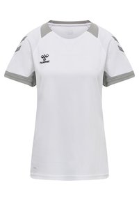 White athletic shirt with gray accents, short sleeves, rounded collar, and logo. Made from breathable fabric with a textured pattern.