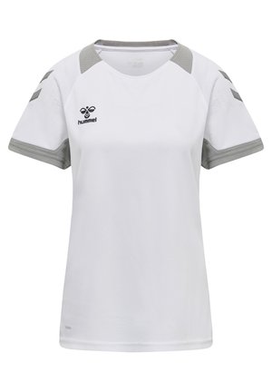 White athletic shirt with gray accents, short sleeves, rounded collar, and logo. Made from breathable fabric with a textured pattern.