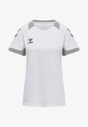 T-shirt de sport blanc avec des accents gris, à manches courtes, col rond et logo. Fabriqué en tissu respirant avec un motif texturé.